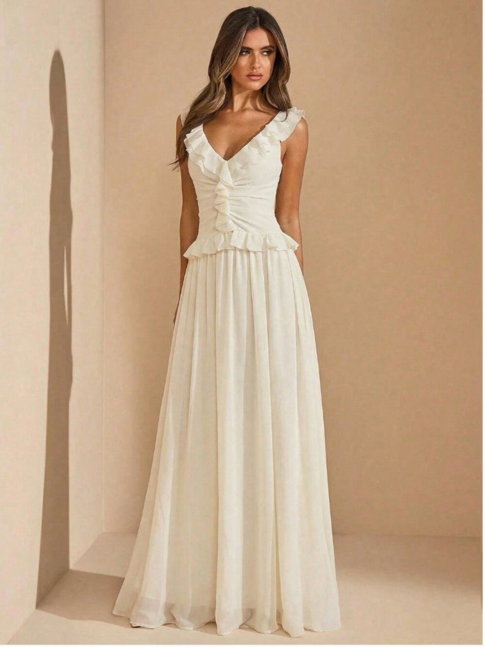 Ethereal Ruffled V-Neck Chiffon Maxi Dress